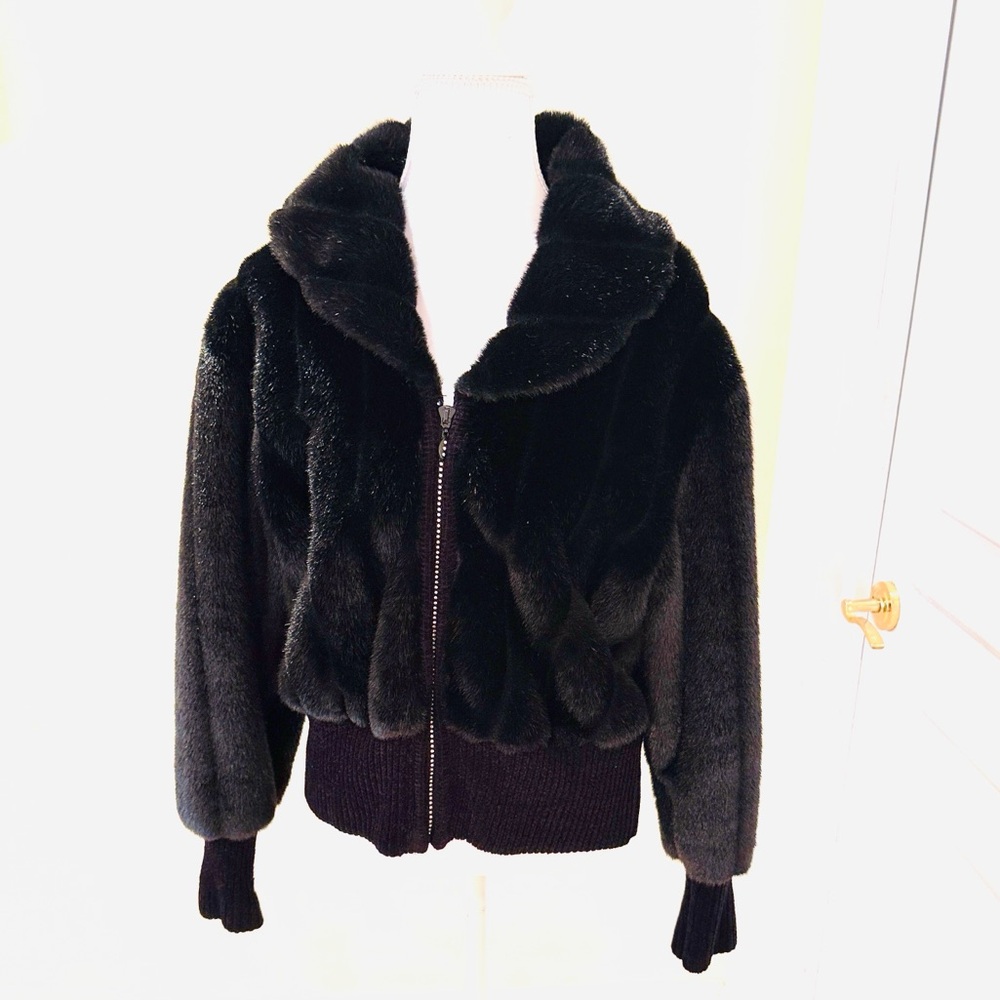 Black Faux Fur Jacket with diamond zipper